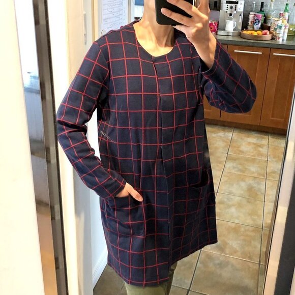 Olsen Navy Blue & Red Simple Plaid Long Cardigan Jacket Sz XL (16) - Picture 10 of 11